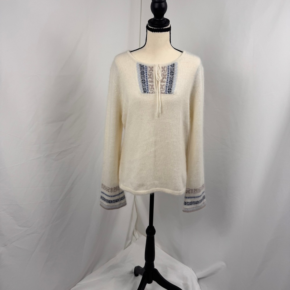 Faded Glory Angora Blend Sweater Womens Large‎ Cream with Blue Y2K Fuzzy